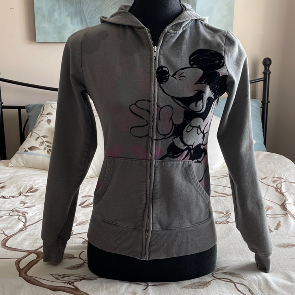 Gray Zip-Up Hoodie with Cartoon Graphic